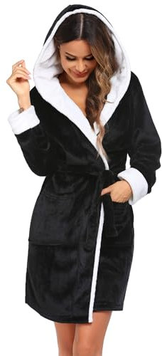 Ekouaer Bademantel Damen Frottee Flauschig Weich Kapuze Knielang Kurz Hausmantel Morgenmantel Fleece Sauna Spa Robe Schwarz S