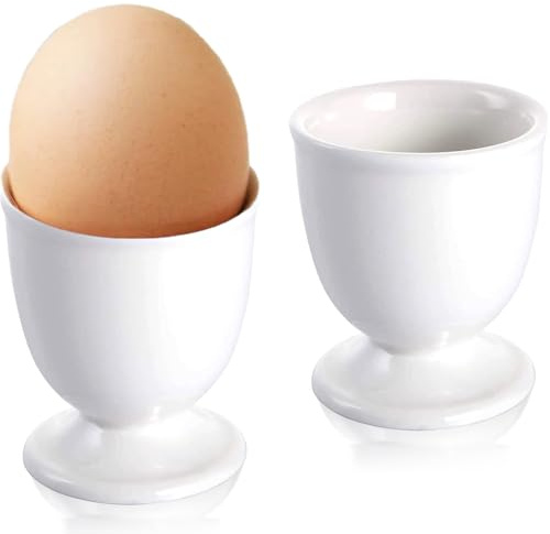 RHAFAYRE Egg Holder for Boiled Eggs, 2 Pack Porcelain Egg Cups for Soft Boiled Eggs Breakfast Dinner, 2“ x 3, White