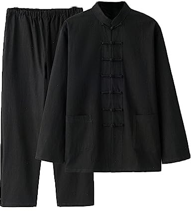 Chinesische Kleidung Tang-Anzug for Herren, traditionelle Kleidung, atmungsaktiv, bequem, Kampfsportanzug, Kung-Fu-Uniform, Baumwolle, Leinen, Tai-Chi-Kleidung, lange Ärmel und Hosen(Black,4XL-5XL)