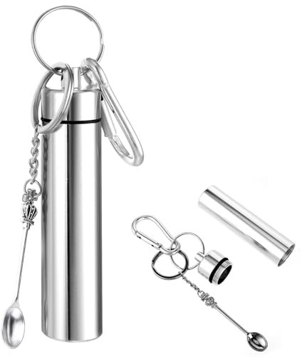 Moguri 1 Stück Silberner Mini-Pillendose Schlüsselanhänger mit Löffel, Notfalldose, Mini Metall-Aufbewahrungsbox, Wasserdichter Aluminiumbehälter für Medikamente, Süßstoffe, Reise-Organizer