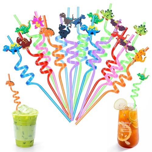 16Pcs Pajitas Rizadas Reutilizables Divertidas sin BPA Lavables, Pajitas de Dibujos de Dinosaurios de Colores de Playa, Pajitas de Plástico Novedosas para Fiestas Niños Cumpleaños