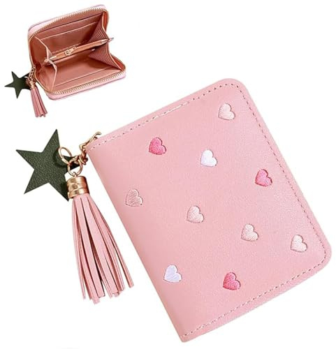 Girls Purse, Cute Slim Short Small Wallet with Embroidery Hearts