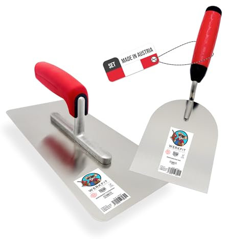 WERKFIT Profi Glättekelle Set Rund inkl. 100mm Gipserspachtel - Rostfreie Glättspachtel aus Edelstahl -Ergonomische Putzspachtel mit Softgriff (Trockenbau Set)