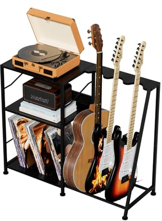 Hosfais Soporte para tocadiscos, soporte de guitarra de 3 niveles para guitarra acústica, eléctrica, soporte de bajo, almacenamiento de discos de vinilo de hasta 200 álbumes, estante marrón para sala
