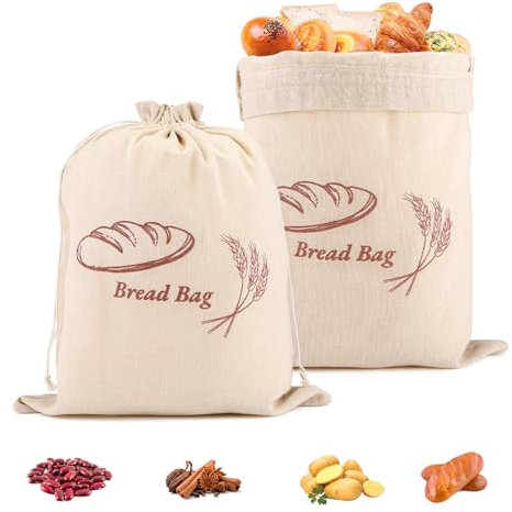 Lot de 4 Sacs à Pain en Lin avec Cordon de Serrage - Sac à Pain Tissu Réutilisable pour Pain, Baguette, Fruits et Légumes (30 x 37 cm) - Sac Tissu Pratique et Écologique