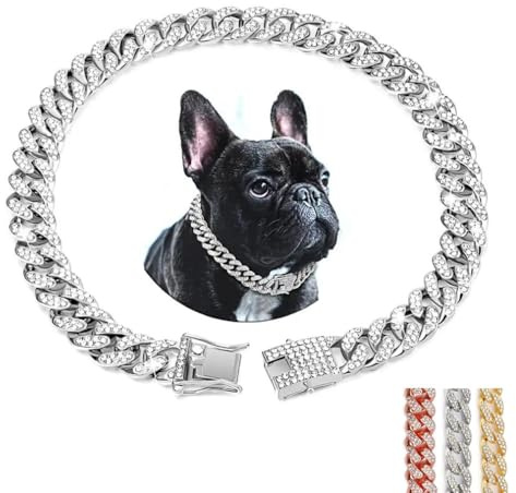 Collar de cadena plateada para perro, con diamantes de imitación brillantes, collar de metal con diamantes de imitación, collar de eslabones cubanos, collares para gatos pequeños, medianos y grandes