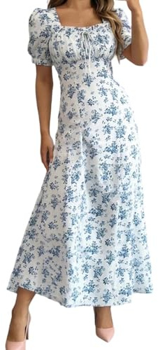 Générique Robe Longue Femme Chic et Elegant, Casual Taille Empire Col Carré Manches Volantes Robes à Fleurs, Style Bohème, Robe Legere Fluide Ete pour la Plage et Les Mariages Festifs