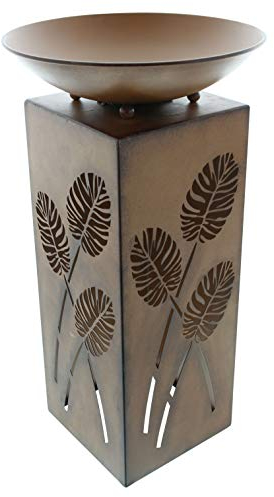 FRANK FLECHTWAREN LED Säule Blätter 2teilig 8 x 18 x 45 cm Schale 28 x 5 cm Gesamthöhe 53 cm Dekosäule Metall Rostoptik Blättermotiv abnehmbare Schale warmweiße LED Beleuchtung batteriebetrieben