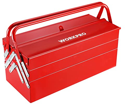 WORKPRO Metal Tool Box, 18-inch Cantilever Folding Red Storage Box, 3-Layer 5-Tray Multi-Function Tool Organizer, Red