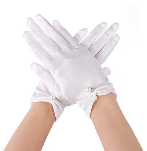 Yolev Weiße Handschuh Kurze Satin Handschuhe Damen Elegant Brauthandschuhe Blumenhandgelenk Spitzenhandschuhe Höflichkeits Sommer Hochzeits Oper Dinner Handschuhe