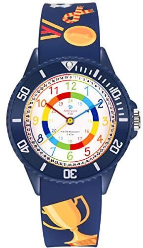 Alienwork Fútbol Niños Reloj de Aprendizaje Infantil Niño Niña Azul Marino Pulsera de Silicona Abigarrado niños Impermeable 5 ATM Tiempo de Aprender