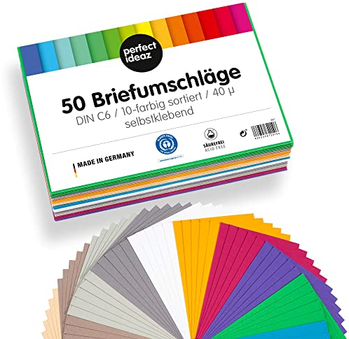 perfect ideaz - 50 Briefumschläge DIN-C6 ohne Fenster, für DIN A6 aus Recycling-Papier, 10 Farben, Made in Germany, Blauer Engel zertifiziert