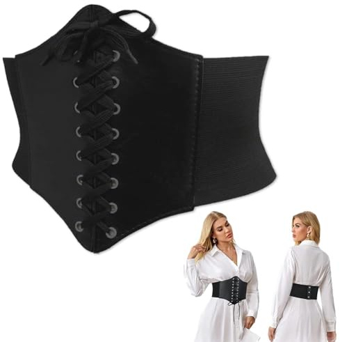 LJFEA Cinturón Ancho para Mujer con Cintura Elástica, Ajuste Ceñido de Plástico y Botón Negro. Ideal para Uso Diario y Disfraz de Halloween. Talla 60-84cm
