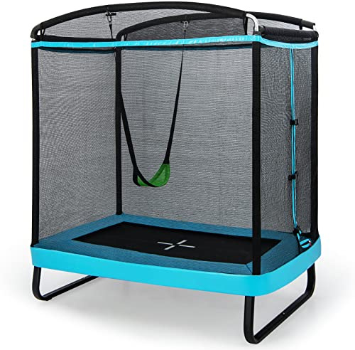COSTWAY 2 in 1 Kids Trampoline, 6FT Toddler Trampolines with Swing and Enclosure Safety Net, Rectangle Trampoline for Outdoor (Black + Blue)