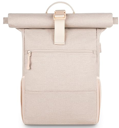RJEU Laptop Rucksack für 17 Zoll,Rolltop Rucksack Herren Damen,Laptoptasche für Schule,Studium,Reisen,Schulrucksack(Beige-26L)