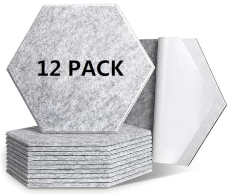 12 Packs Self-Adhesive Acoustic Foam Panels,12 X 10 X 0.4 Hexagon Soundproofing Acoustic Wall Panels High Density Sound Absorbing Acoustic Panels Soundproof Foam Panels for Studio,Home,Office,Grey