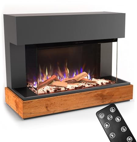 GLOW FIRE Kaminofen Curie mit realistischem 3D E-Motion LED-Feuer - Stand-Elektrokamin mit Heizung, Kaminfeuer & Timer, max. 1500 W, 114x89x41,5, Grau