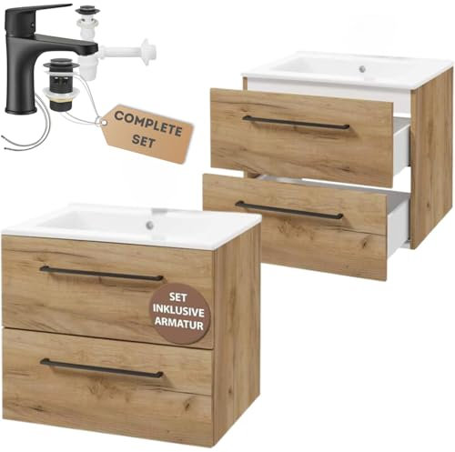 .Deftrans waschbeckenunterschrank hängend mit schubladen 60 x 50 x 46 cm Holz, waschtisch mit unterschrank- waschbecken mit unterschrank, spülenschrank mit spüle und Armatur