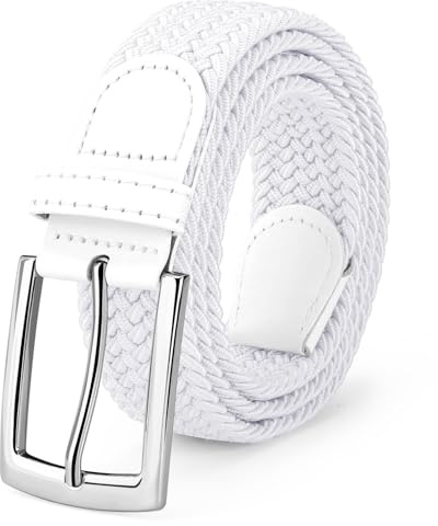 SUOSDEY Elastic Fabric Braided Belts for Men, Stretch Woven Belts for Golf Casual Jeans Shorts,white