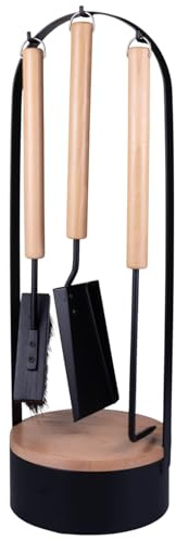 raik Valentin Serviteur de cheminée 4 pièces en acier et bois noir 61 cm avec tisonnier, pelle de cheminée, balai et boîte de rangement pour allume-feu, design moderne pour cheminée ou insert de