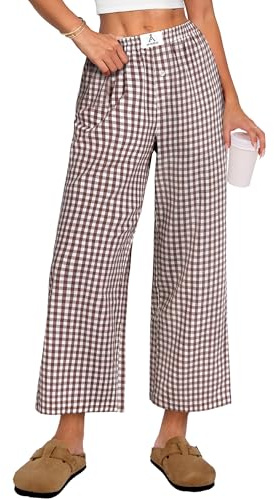 ANRABESS Women Striped Gingham Palazzo Cropped Pants Wide Leg Pajama Lounge Pants Plaid PJ Bottoms Cute Trousers with Pockets Brown White Plaid L