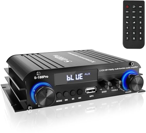 Romicta 2.1 canales Amplificador de audio estéreo, 300Wx2+360W, sistema estéreo Bluetooth 5.0 para el hogar con USB/AUX, control de graves, agudos y subwoofer, para subwoofer activo/pasivo y altavoz