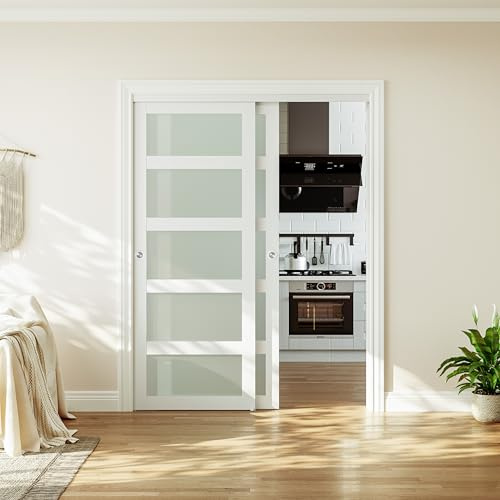 Smartstandard Smooth-Sliding Closet Doors,48x80 in Pre-Assembled MDF Panel,5-Lite Tempered Frosted Glass,Water-Proof,White with Hardware Kit Included for Bedroom,Kitchen,Laundry Room, Bathroom