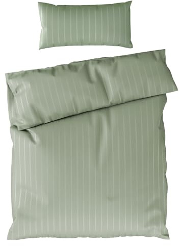 Pure Label Satin Bettwäsche 155x220 cm gestreift in Grün – inkl. 40x80 cm Kissenbezug, 100% Baumwolle – Elegante und angenehm weiche Bettwäsche aus Satin - Oeko-Tex Zertifiziert.