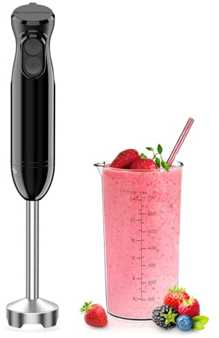 Bonsenkitchen Frullatore a Immersione, 1000W Mixer Immersione con Bicchiere Graduato 700ml, 2 Velocità, Lame in Acciaio Inox, per Frullati, Zuppe, Pappe, Salse, Milkshake, Nero
