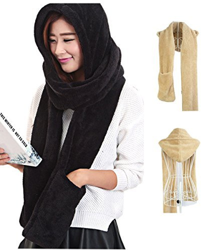 Maleroads 3 in 1 Women and Men Hooded Scarf With Mittens Neckwarmer Hoodie Pocket Hat (thicker, black2)
