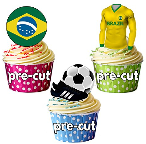 AK Giftshop PRECUT Edible Brazil Football Shirt, Flag and Ball With Boot - World Cup Cupcake Toppers/Cake Decorations (Pack of 12)