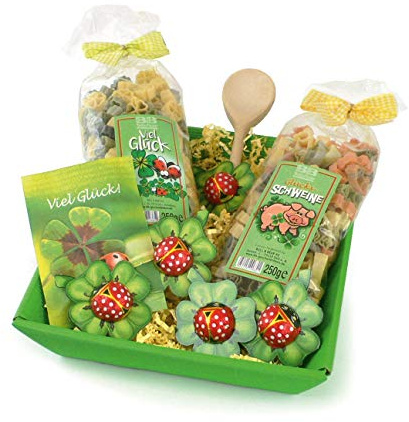 Bull & Bear Geschenkkorb Glück, Buntes Motivnudelset, Glücksschwein und Glücksklee, jeweils 250g mit Kochlöffel & Glückskleesamen, Geschenkset für Geburtstag