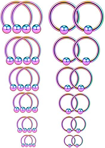 Ruifan 12PRS(24PCS) 16G Surgical Steel Horseshoe & Captive Bead Nose Hoop Septum Earring Eyebrow Tongue Lip Nipple Helix Tragus Piercing Jewelry Rings 6-16mm Rainbow