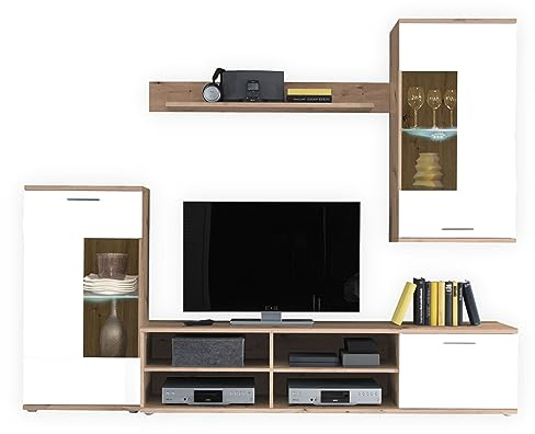DEINE TANTE EMMA Set Completo Frontale, Effetto Rovere artisano, Bianco, Moderna Parete con Illuminazione a LED per Il Vostro Soggiorno, Legno ingegnerizzato, Marrone, 230 x 190 x 38 cm