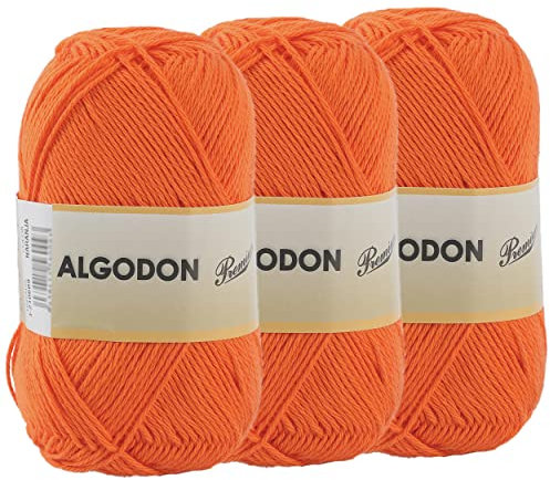 Baumwollgarn 100% Baumwolle 220 Meter zum Stricken und Häkeln, Packung mit 3 x 100g, Farbe Orange