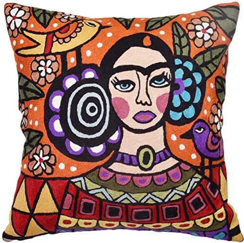Kashmir Designs Frida Kahlo Inspired Pillow Cover Orange Mexican Art Pillowcase Eclectic Hispanic Throw Pillows Cushions Hand Embroidered Wool Size - 18x18