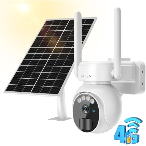 Xega 3G/4G LTE Caméra Surveillance Solaire avec Carte Sim 2K HD Caméra Extérieure sans Fil inclinable à 355°/90° Caméra de Surveillance sans WiFi Vision Nocturne Détection de Mouvement IP66