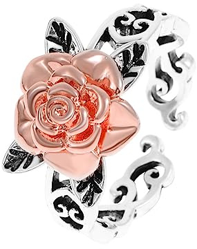 Anillo de Flor de Rosa y Hoja Vintage - Anillo de Nudillo con Flor Hueca para Mujeres y Niñas (Plata A)