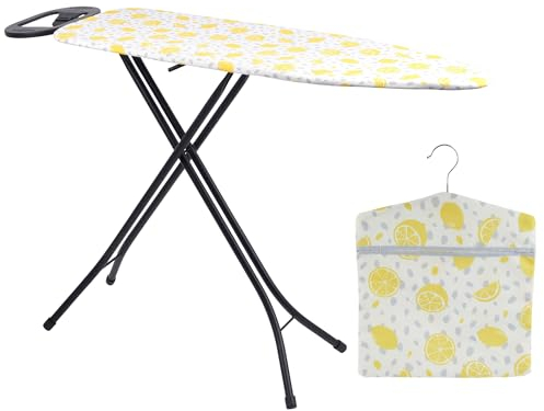 Beldray COMBO-9132 Collapsible Ironing Board – With Hang On Washing Line Peg Bag, Lemon Print Laundry Set, Lightweight Folding Ironing Table, 7 Adjustable Height Options, Washable Cover, 115 x 36cm