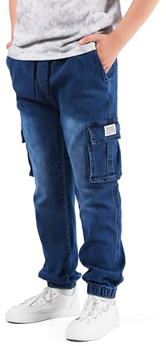 NATUST Boys Cargo Trousers Kids Elastic Waist Joggers Multi Pockets Jeans Pants Blue 7-8 Years