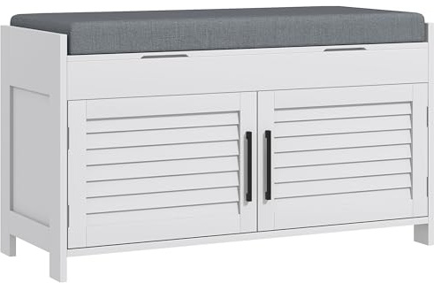 HOMCOM Panca Scarpiera con Ripiano Interno Regolabile su 6 Livelli, Scarpiera Slim in MDF e Tessuto Effetto Lino, 90x36x50 cm, Bianco e Grigio