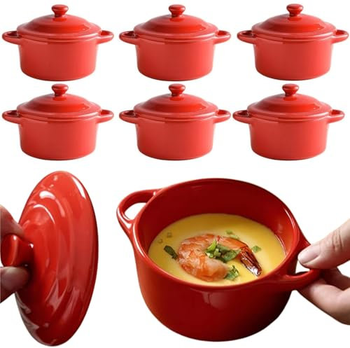 RHBLME 6 Pack French Onion Soup Bowls, 7 Oz Ramekins Oven Safe Mini Cocotte, Red Ramekins with Lids Oven Safe Soup Bowls for Creme Brulee, Pot Pie, Lava Cakes, Pumpkin Soup