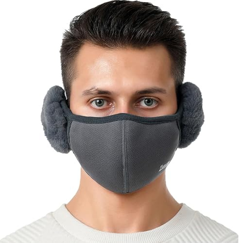 Orejeras cálidas de invierno con máscara 2 en 1, calentadores de orejas de felpa para el viento, cubierta cálida para aire frío, calentador de orejas sin banda para esquí, correr, ciclismo, gris,