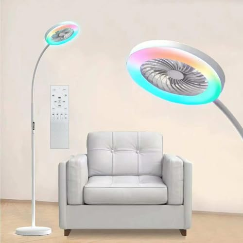 ONIDEK Pedestal Fan for Bedroom, Floor Lamp with RGB 18w/1500lm, 3-Speed Stand Fan Stepless Adjustable 3000K-6000K Color and Dimmer, Remote and Button Control, Adjustable Gooseneck Gloor Lamp