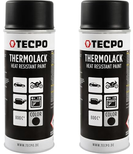 TECPO Thermolack Spray Dose 2X 400ml Auspufflack Autolack Ofenlack Bremssattellack hitzebeständig bis 800°C schnell trocknend Auto Lackspray Schwarz Matt schützt Motor und Auspuff vor Rost (2er-Pack)