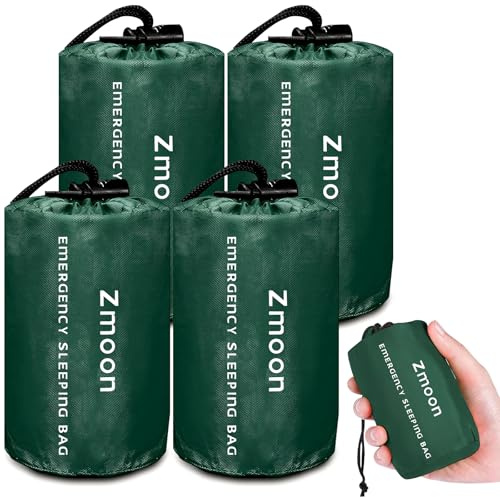 Zmoon Emergency Sleeping Bag Survival Bag, Portable Waterproof Thermal Bivy Sacks,Bivvy Bags,Camping Mylar Sleeping Bag Survival Gear Emergency Blankets Survival Shelter (Green Pack of 4)
