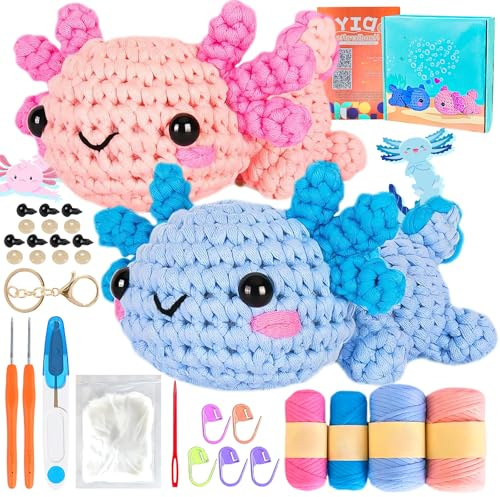 Nhcuijun Crochet Kit for Beginners - Highland Cow Crochet Set with Step-by-Step Video Tutorial, Suitable for Both Adults and Kids. DIY Knitting Supplies (Axolotl Crochet kit)