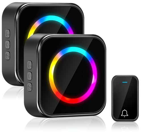 Pohicoo Sonnette sans Fil Exterieur Etanche, Sonnette sans Fil Longue Portée de 400M avec 63 Mélodies 4-Niveaux, Lumières LED Colorées (2 récepteurs + 1 émetteur)