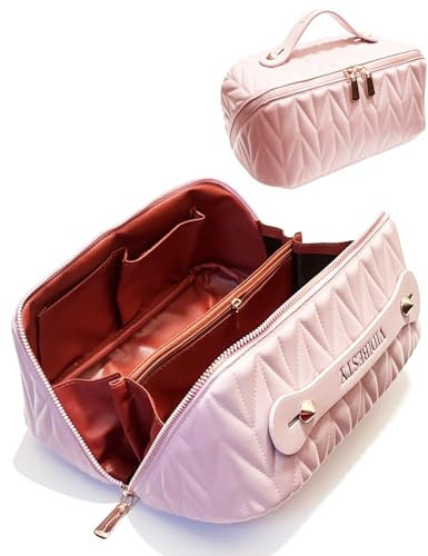 VIDIBESTY Travel Makeup Bag for Women, Large Capacity Cosmetic Bags for Girls, Compact Pouch Make up Organizer, Waterproof Toiletry Bag with Divider and Handle (Pink)