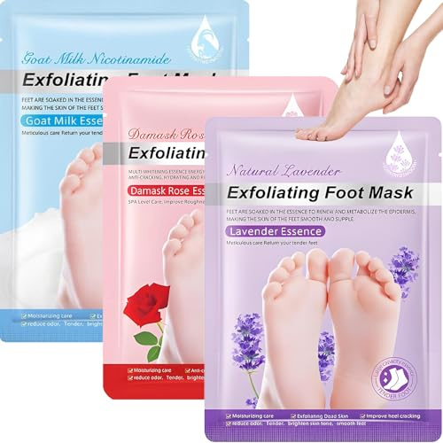 3 Pairs Exfoliating Foot Mask – Moisturising Foot Peel Mask Socks for Hard Skin, Cracked Heels & Callus Removal – Deep Nourishing Care with Lavender, Rose & Goat Milk Essence